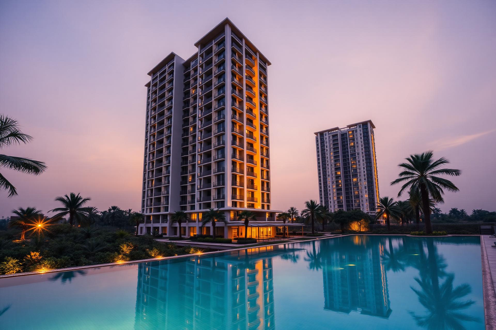 Modern residential apartments at dusk